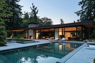 A contemporary house with a flat roof, clean lines, and a landscaped garden
