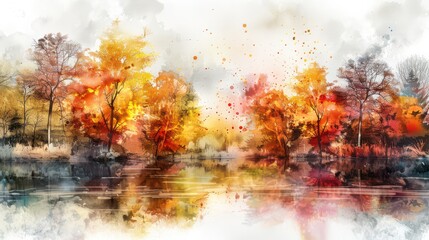 A watercolor painting of an autumn landscape with vibrant trees and a calm river, combining colors in a unique and artistic way.