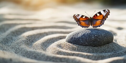 Serene Butterfly on Zen Garden Stone: Tranquil Nature Concept for Stress Relief and Meditation. Creative Pattern Blending Sand Designs and Delicate Insect, Symbolizing Harmony and Mindfulness Away fro