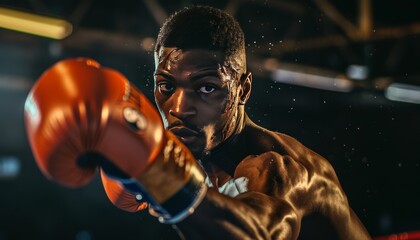 Skilled boxer, poised and focused in the boxing ring, captured in detail