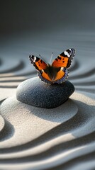 Serene Butterfly on Zen Garden Stone: Tranquil Nature Concept for Stress Relief and Meditation. Creative Pattern Blending Sand Designs and Delicate Insect, Symbolizing Harmony and Mindfulness Away fro