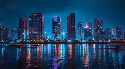 Obraz premium Captivating Nighttime Cityscape with Reflective River and Cruising Boats