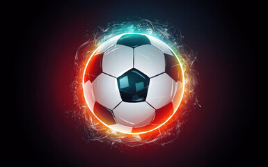 Fototapeta premium Dynamic Soccer Ball Surrounded by Colorful Light Effects in a Dark Environment