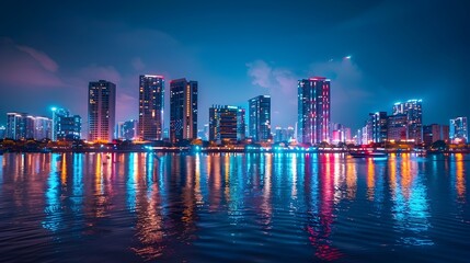 Fototapeta premium Vibrant Nighttime Skyline with Colorful Reflections on River and Cruising Boats