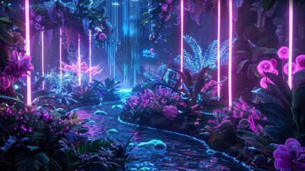 Landscape a futuristic garden and waterfall with neon glowing