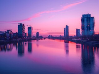 Serene City Skyline at Vibrant Dawn with Calm River Reflection