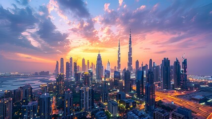 Naklejka premium Captivating Skyline of a Modern Metropolis at Dusk with Glowing Cityscape and Towering Skyscrapers