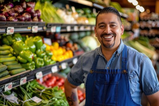 A smiling man in a blue apron stands in front of a produce section of a grocery - Powered by Adobe