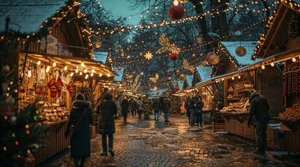 a group of people walking down a street covered in christmas lights
