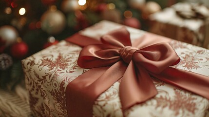 a present wrapped in red ribbon with a christmas tree in the background