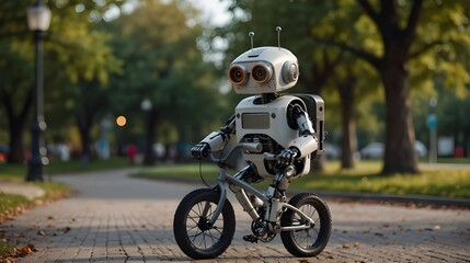  A futuristic concept picture, a humorous robot, and a cute cyborg robot all ride bicycles in a metropolitan park..