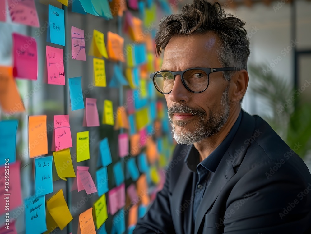 Poster business leader in a creative brainstorming session with colorful sticky notes and diagrams