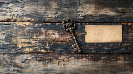 Rustic Wooden Table With Antique Key and Empty Business Card in Natural Light