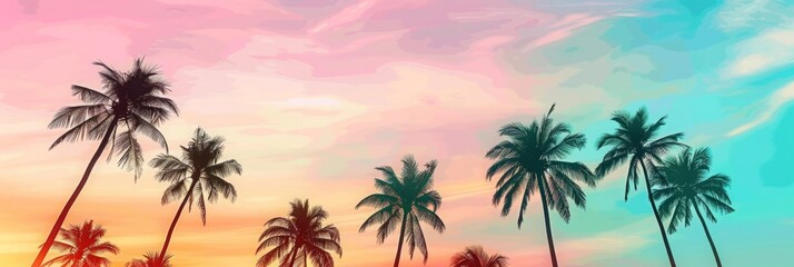 Surreal Sunset Over Tropical Palm Trees with a Dreamlike Gradient Sky - A Captivating Vision of Nature's Artistry.