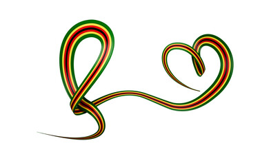 3d Flag Of Zimbabwe, Heart Shaped, Shiny Wavy Awareness Ribbon On White Background, 3d illustration
