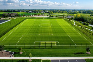 Obraz premium Aerial View of Pristine Soccer Field with Vibrant Green Turf and Immaculate White Boundaries