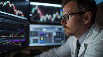 A financial analyst working on a computer with various stock market indicators and charts displayed on the screen