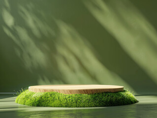 Fototapeta premium Wooden Platform on Grassy Mound with Green Wall and Sunlight