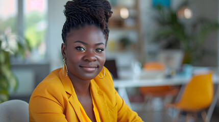 Stylish professional nigerian businesswoman wearing chic, fitted blazer, vibrant yellow blouse sitting in creative office environment