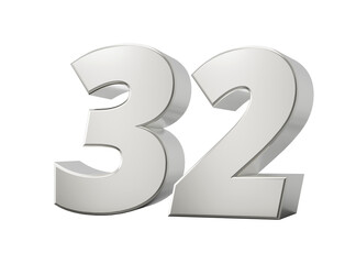 Silver 3d numbers 32 thirty two. Isolated white background 3d illustration
