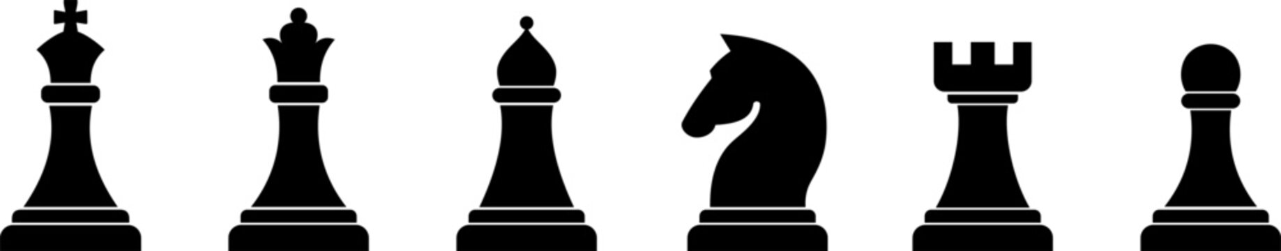 Chess piece icons set. Board game. Black silhouettes illustration. Outline set of chess vector icon for web design isolated on white background. King, queen, bishop, pawn, horse, knight, rook. Vector 