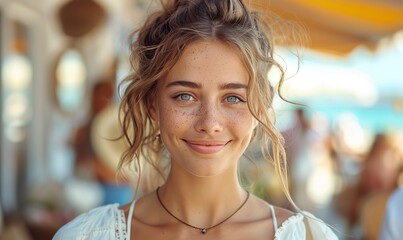 Fototapeta premium An attractive Caucasian girl smiles while shopping outdoors, capturing the essence of shopping, lifestyle, and people in a Caucasian community.