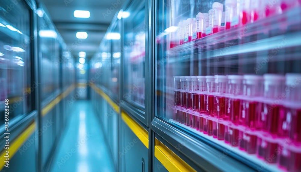 Poster a long and narrow hallway within a laboratory that is filled with many test tubes and containers