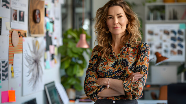 44 year old Australian businesswoman wearing stylish, patterned blouse with tailored trousers posing in creative studio with eclectic d&eacute;cor