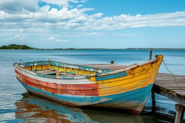 Colorful small fishing boat docked at calm harbor pier