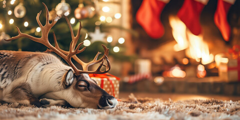 A reindeer curled up in front of a fire at Christmas