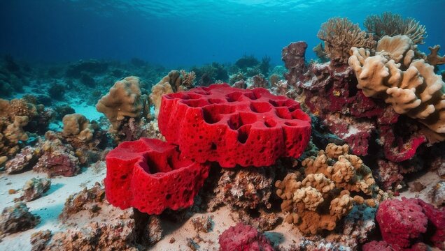 coral reef and diver, Volcano sponges such as the Giant Barrel and Great Vase belong to Phylum Porifera They are frequentl.