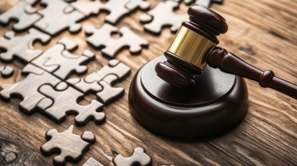 Gavel on the wooden table with puzzle, concept of problem solving and leadership techniques