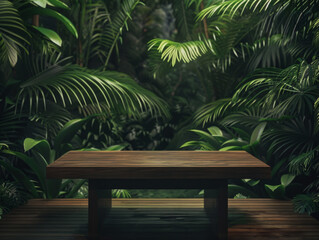 Fototapeta premium Wooden Tabletop in Lush Tropical Foliage