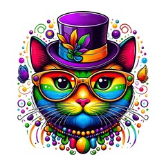 Colorful Cat with Rainbow Glasses and Top Hat