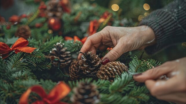 a woman is decorating a christmas wreath with pine cones
