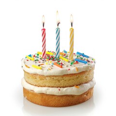 Medium shot of a Birthday cake with three candles, isolated on a white background, 