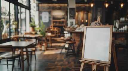A blank sign on an elegant wooden stand in a modern library