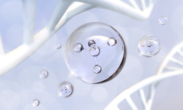 Ready to use.Cosmetic Essence, Liquid bubble, Molecule inside Liquid Bubble. 3D rendering for Illustration.