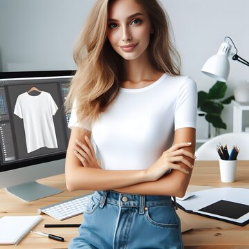 Confident Woman Designer Working on a White T-Shirt Mockup