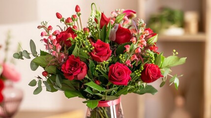 A bouquet of red roses and other flowers in a vase.