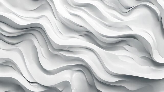 Minimalistic abstract motion background with white 3D waves. Banner with glossy soft wavy embossed texture with copy space. Video animation screensaver. Textured backdrop for concept design.