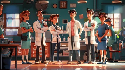 Animated Medical Team Collaboration Inside Hospital Laboratory Environment. AI Generated