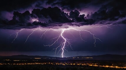 Huge thunderstorm in a dark purple night sky full of beauties, horrifying natural happening landscape view