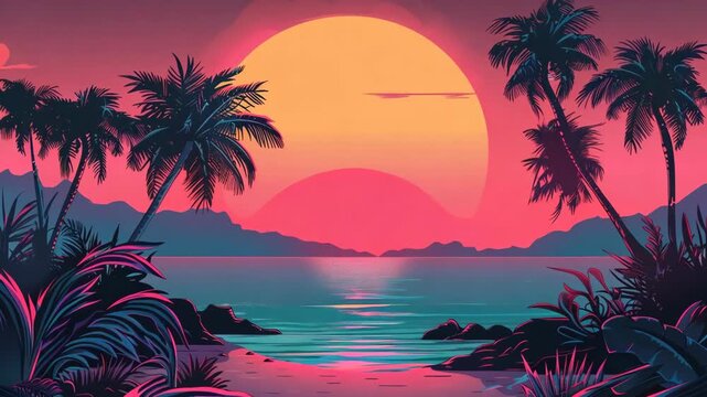 Tropical sunset in ocean with palm trees in retro wave style. Neon abstract motion background with exotic beach. Electronic retro video clip cover. Vivid synthwave, vaporwave animation screensaver. 