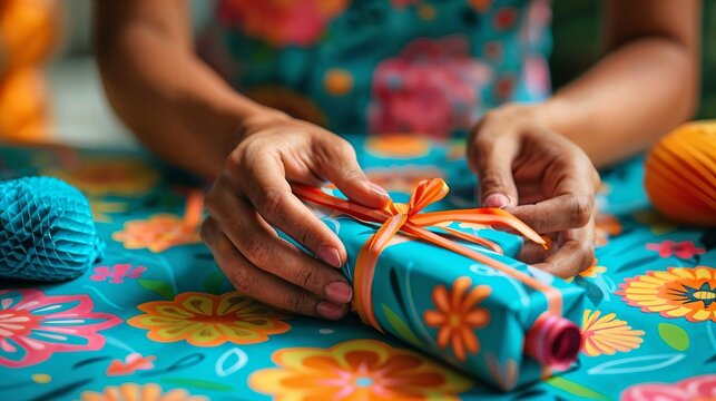 a person wrapping a gift on a table