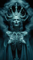 A female demon skeleton face and crown on her head, AI