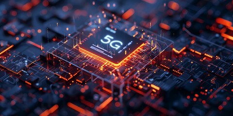 Digital microchip design, glowing 5G technology circuit board