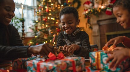 Fototapeta premium a group of children opening presents in front of a christmas tree