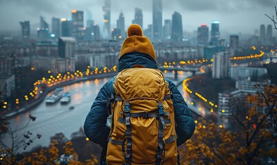 The backpacker, just arrived in town, looked at the cityscape.