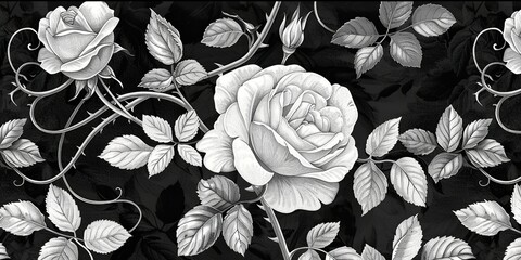 Black and white pattern background with roses. 